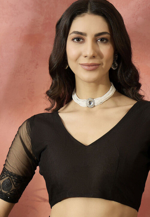 Embroidered Net Saree in Black