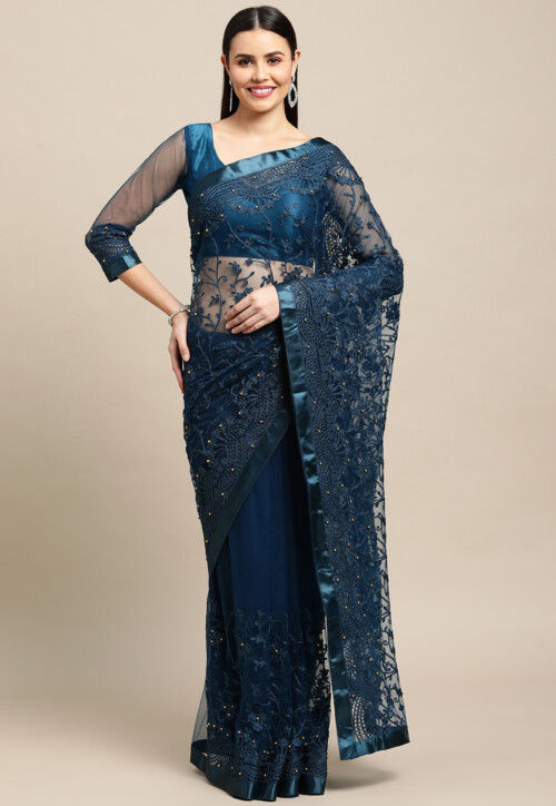 Embroidered Net Saree in Blue