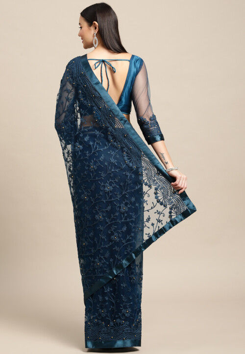Embroidered Net Saree in Blue