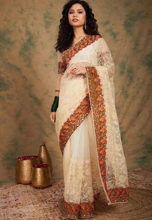 Embroidered Net Saree in Cream