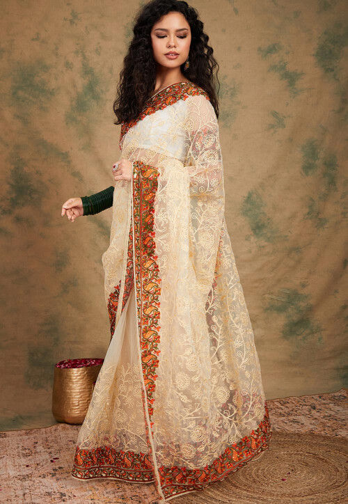 Embroidered Net Saree in Cream