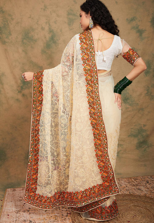 Embroidered Net Saree in Cream