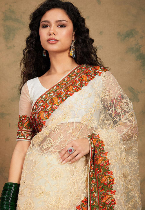 Embroidered Net Saree in Cream