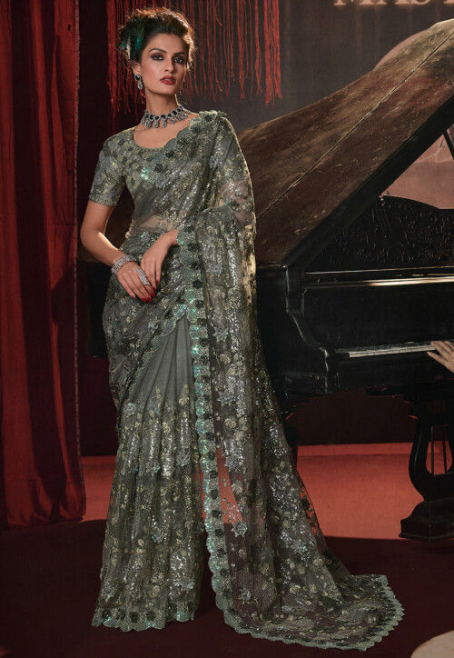 Embroidered Net Saree in Dark Grey