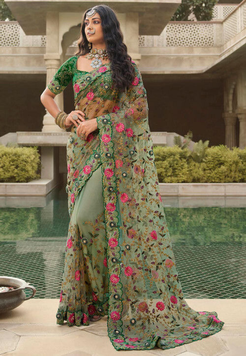 Buy Embroidered Net Saree in Dusty Green Online SFF3307 Utsav Fashion
