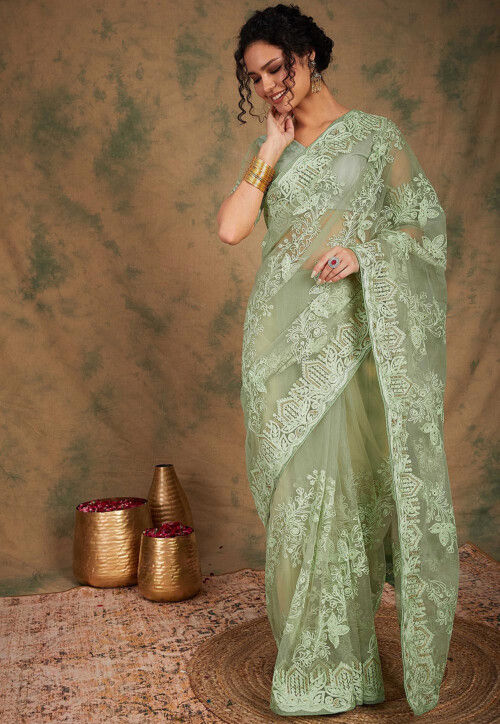 Embroidered Net Saree in Dusty Green