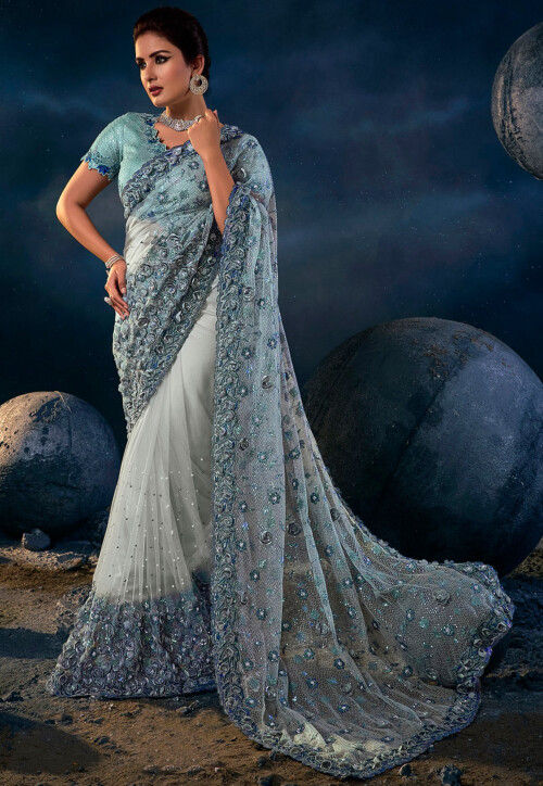 Embroidered Net Saree in Light Blue