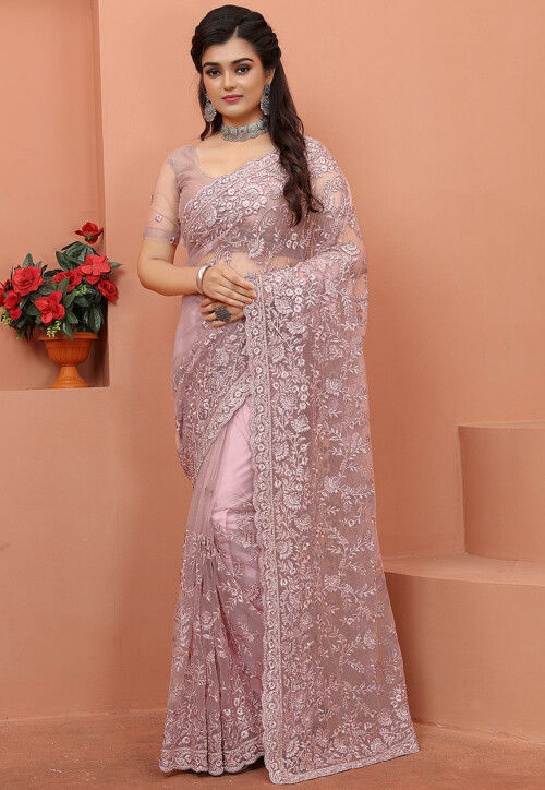 Embroidered Net Saree in Light Purple