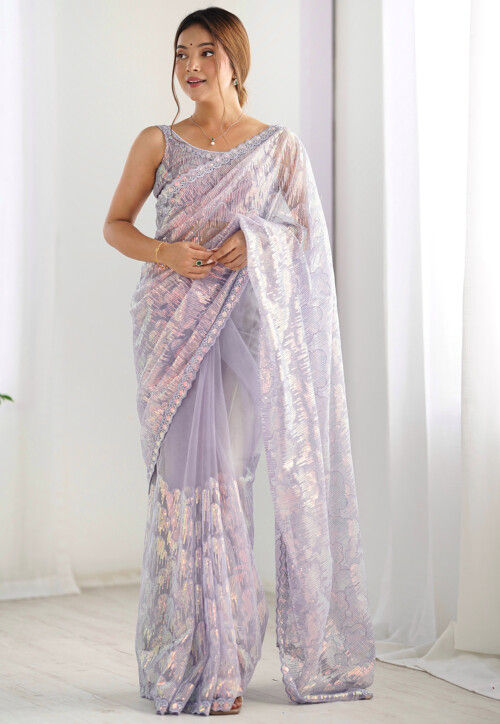 Embroidered Net Saree in Light Purple