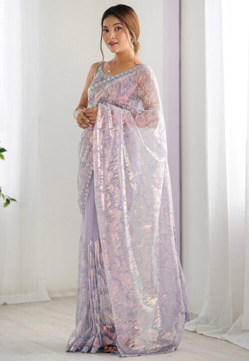 Embroidered Net Saree in Light Purple