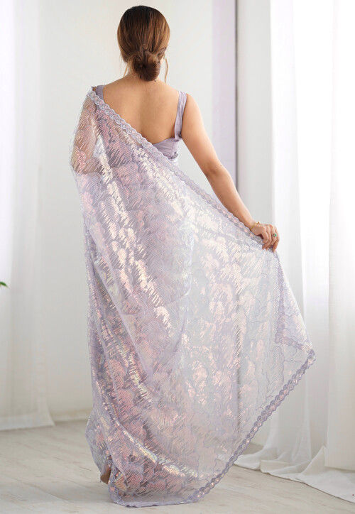 Embroidered Net Saree in Light Purple
