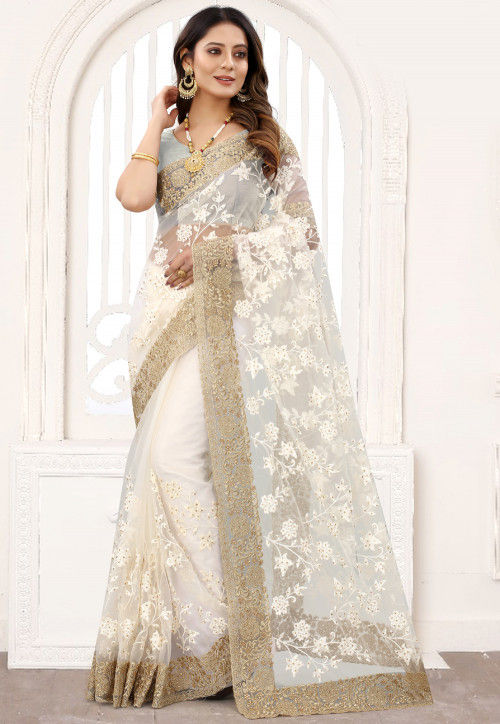 Embroidered Net Saree in Off White