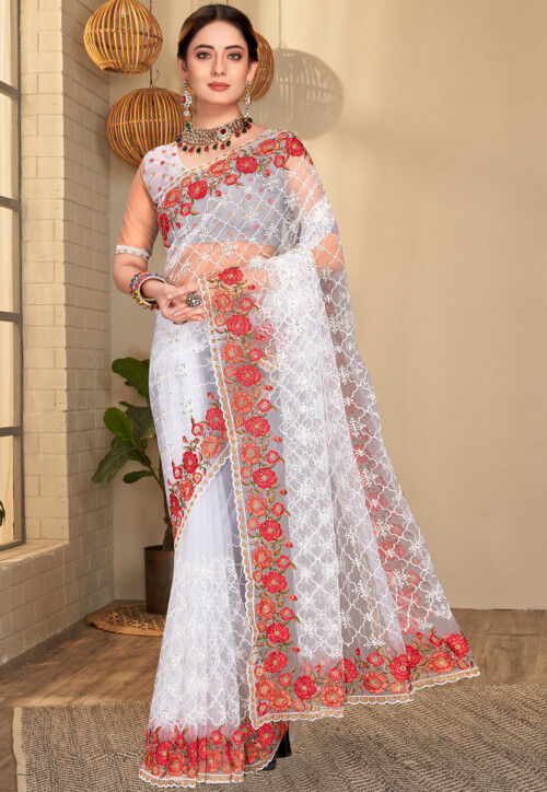 Buy Embroidered Net Saree in Off White Online SCBA4074 Utsav Fashion