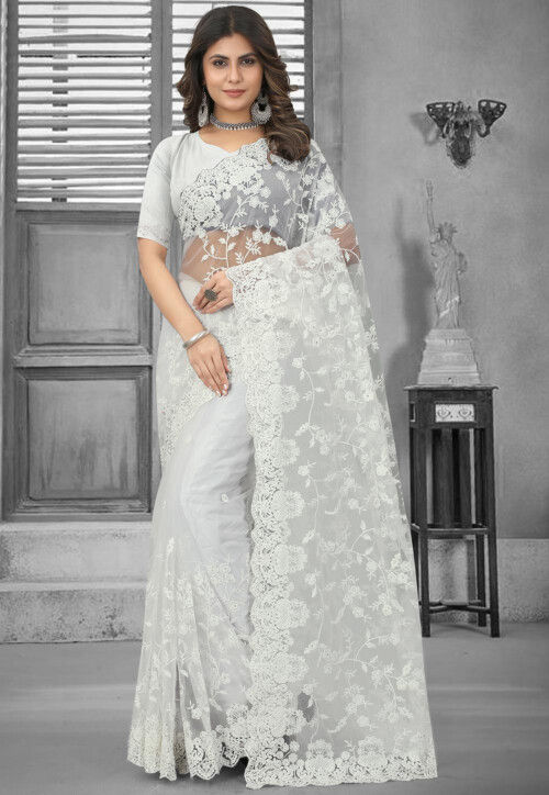 Embroidered Net Saree in Off White SCBA4647