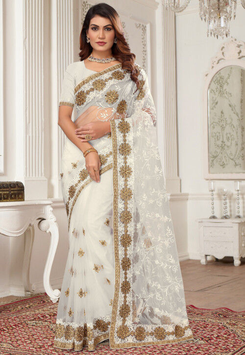 Embroidered Net Saree in Off White