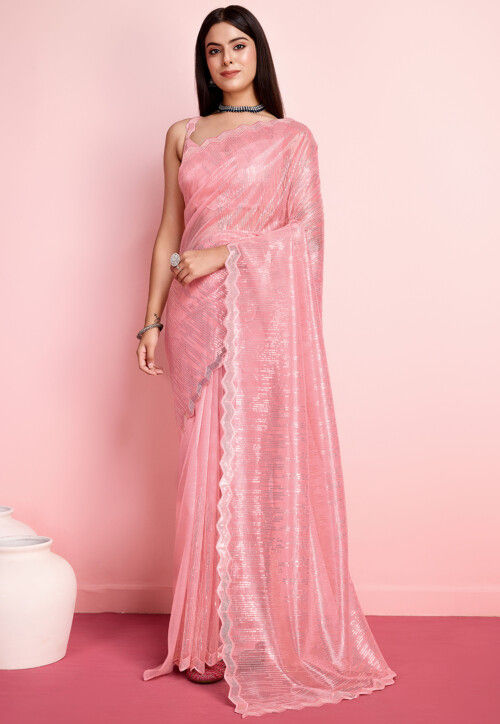 Embroidered Net Saree in Peach