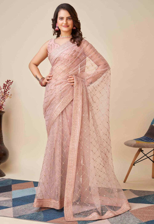 Hot Pink Net Saree With Belt