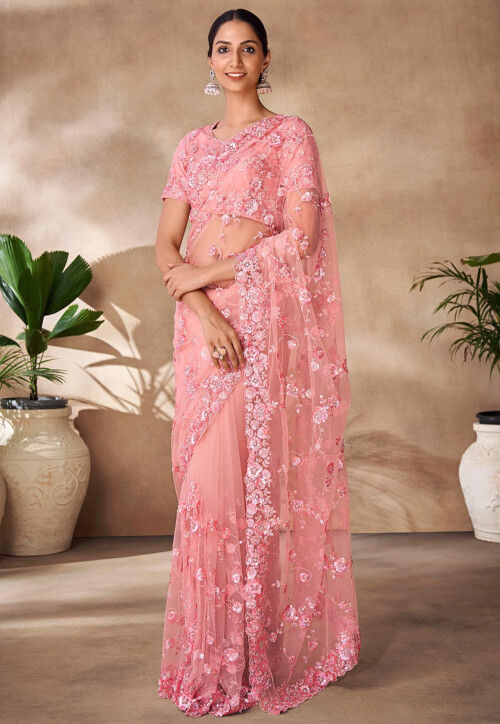 Embroidered Net Saree in Peach