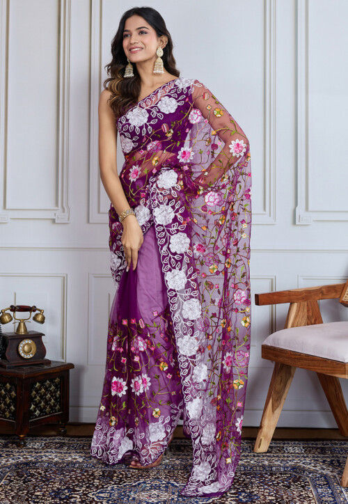 Embroidered Net Saree in Purple