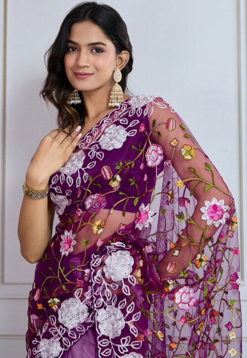 Embroidered Net Saree in Purple