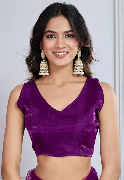 Embroidered Net Saree in Purple