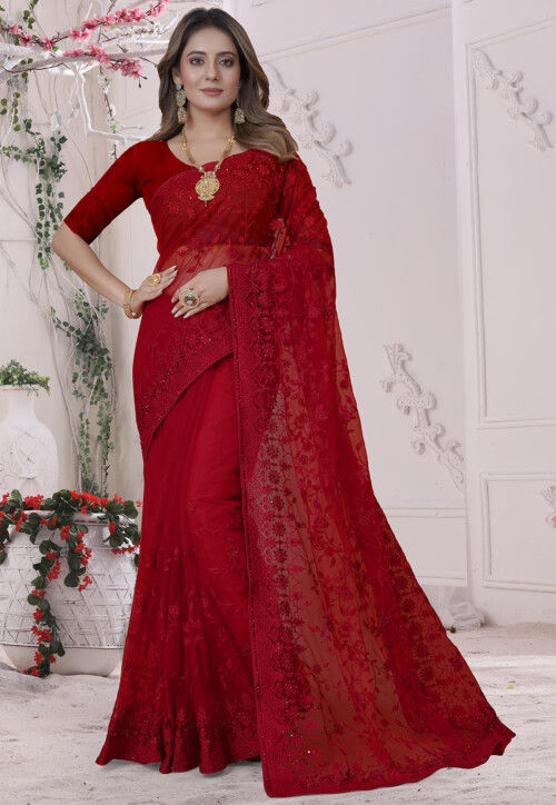 Buy Online Premium French Chantilly Lace Saree in Red Ombre Design - Shop  Art Silk Sarees Online