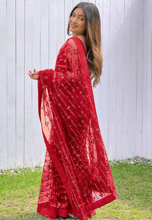 Embroidered Net Saree in Red
