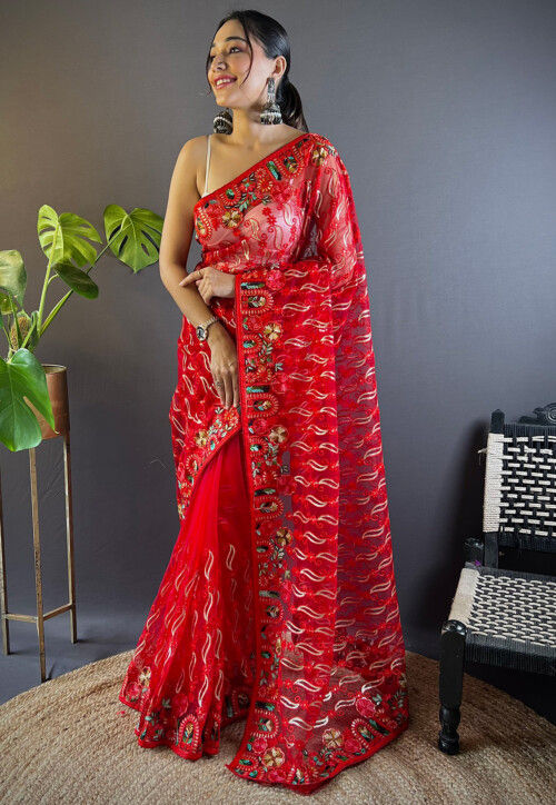 Embroidered Net Saree in Red