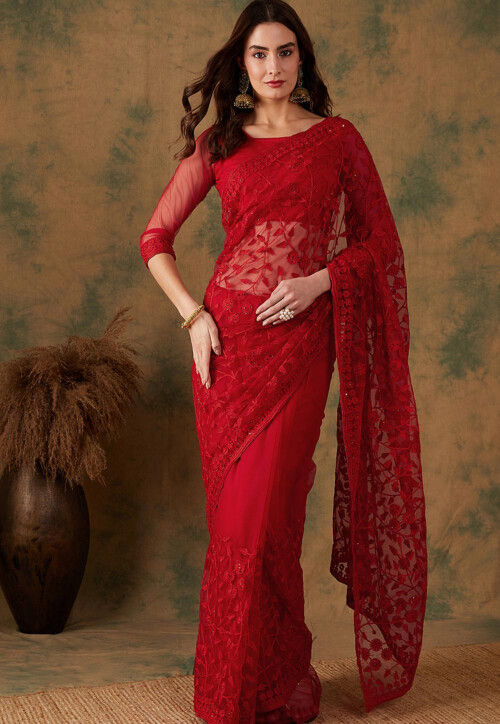 Red Lace Silk Saree - SR20860