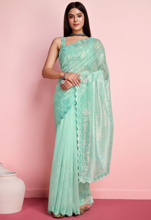 Embroidered Net Saree in Sea Green