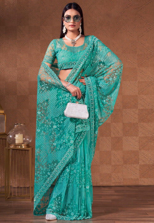Embroidered Net Saree in Sea Green