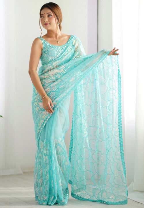 Embroidered Net Saree in Sky Blue