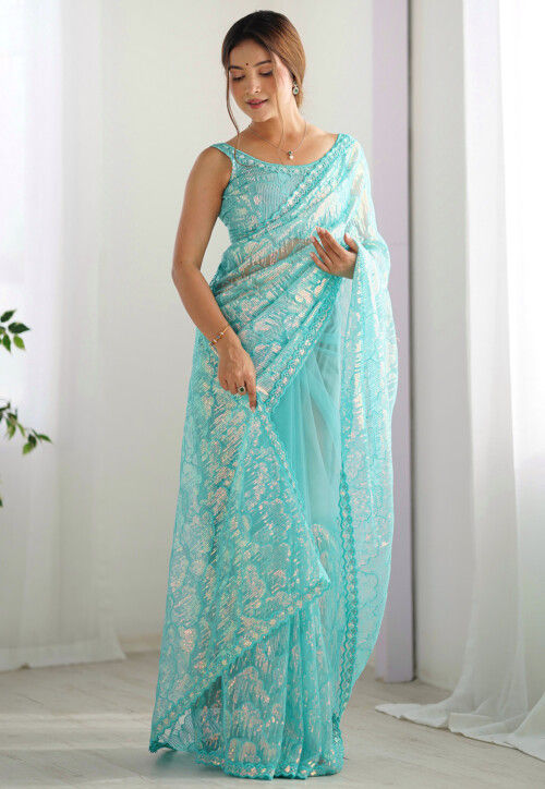 Embroidered Net Saree in Sky Blue