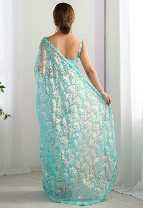 Embroidered Net Saree in Sky Blue