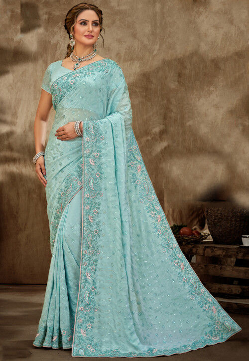 Embroidered Net Saree in Sky Blue