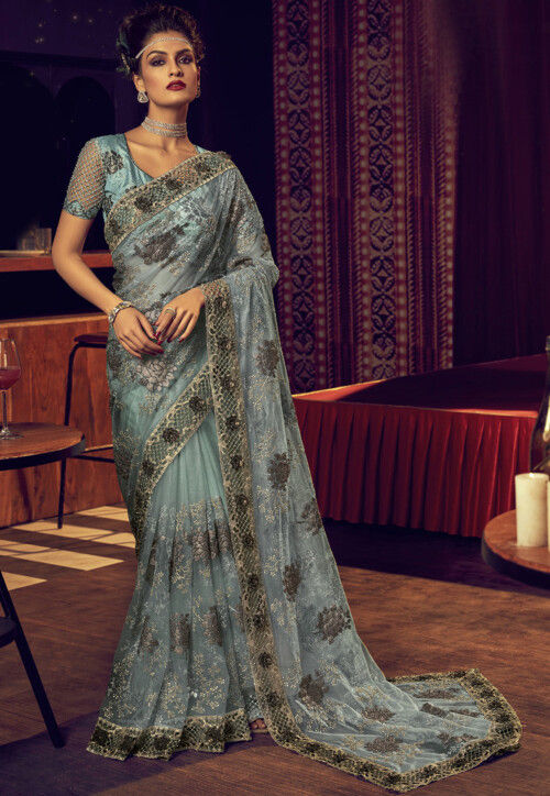 Embroidered Net Saree in Sky Blue