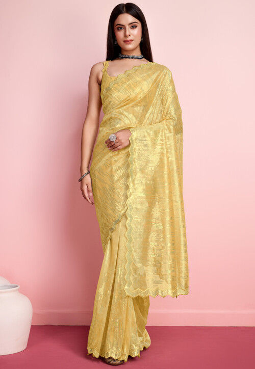 Embroidered Net Saree in Yellow