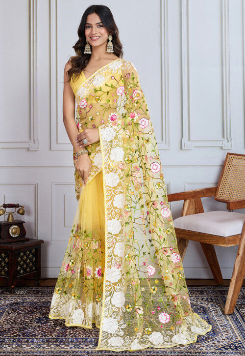 Embroidered Net Saree in Yellow
