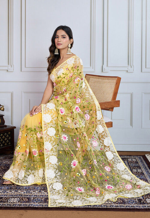 Embroidered Net Saree in Yellow