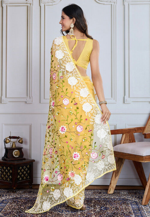 Embroidered Net Saree in Yellow