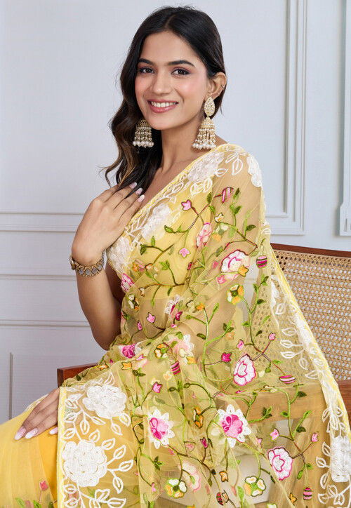 Embroidered Net Saree in Yellow