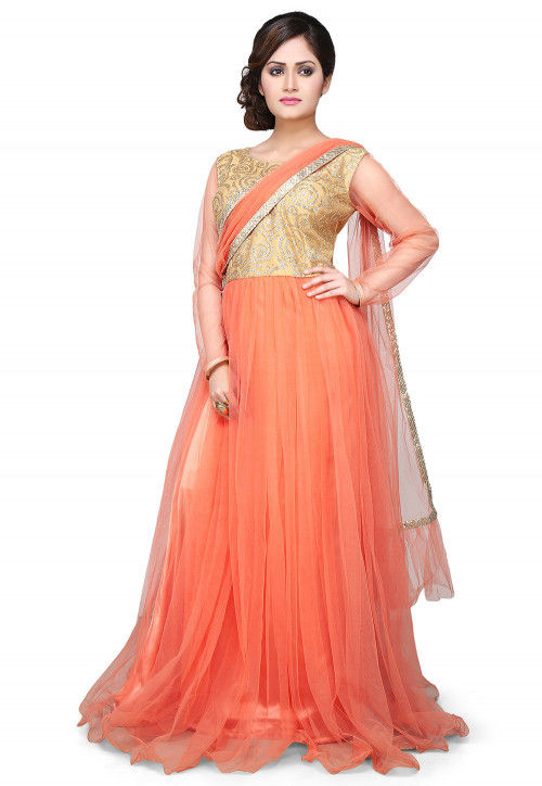 Buy Utsav Fashion Embroidered Net Pleated Saree Style Gown in Pink at  Amazon.in