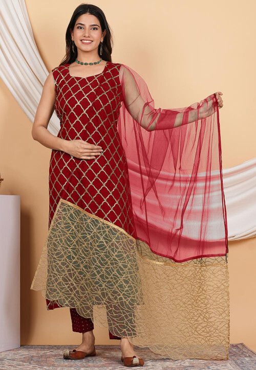 Embroidered Net Scalloped Dupatta in Maroon and Beige