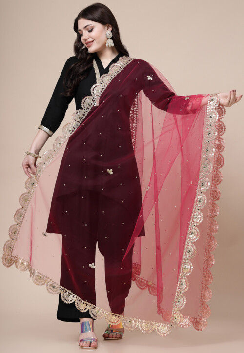 Embroidered Net Scalloped Dupatta in Pink