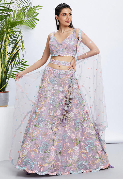 Embroidered Net Scalloped Lehenga in Light Purple