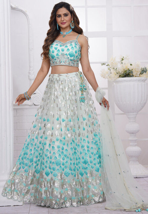 Buy Embroidered Net Scalloped Lehenga in Off White and Sky Blue Online : LYC2998 - Utsav Fashion Buy Embroidered Net Scalloped Lehenga in Off White and Sky Blue Online : LYC2998 - Utsav Fashion