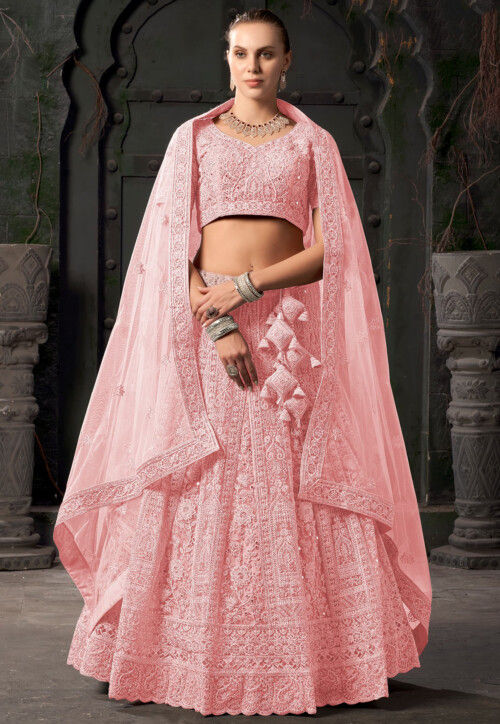 Embroidered Net Scalloped Lehenga in Pink