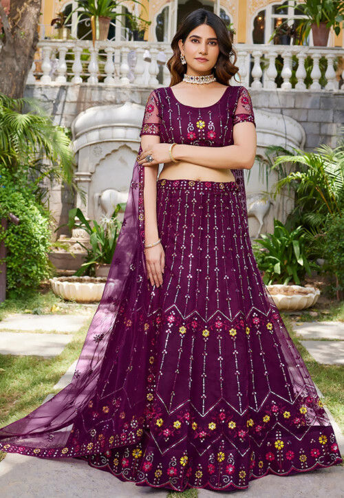Embroidered Net Scalloped Lehenga in Wine
