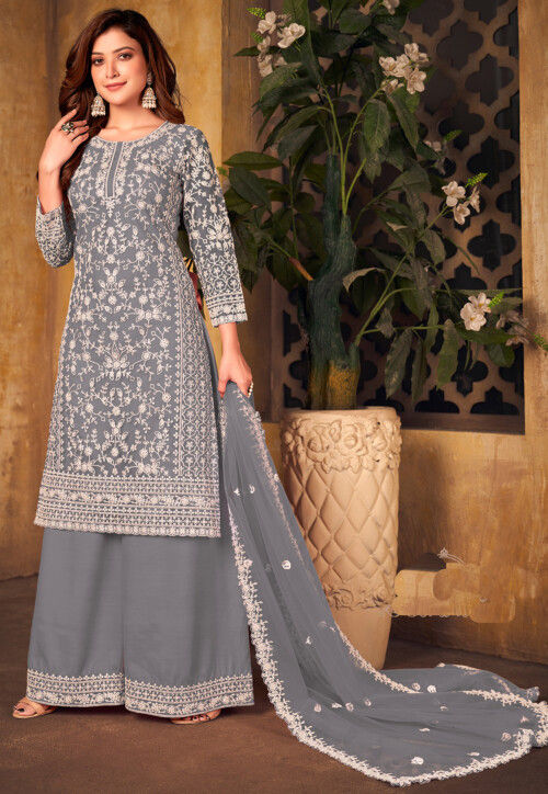 Embroidered Net Scalloped Pakistani Suit in Grey