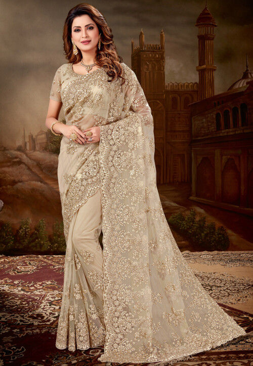 Embroidered Net Scalloped Saree in Beige
